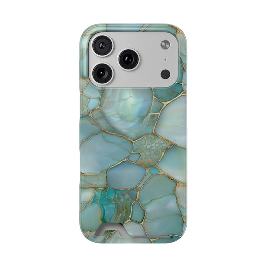 Teal marble phone case with card holder, ochre veining on aqua stone