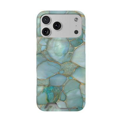 Teal marble phone case with card holder, ochre veining on aqua stone