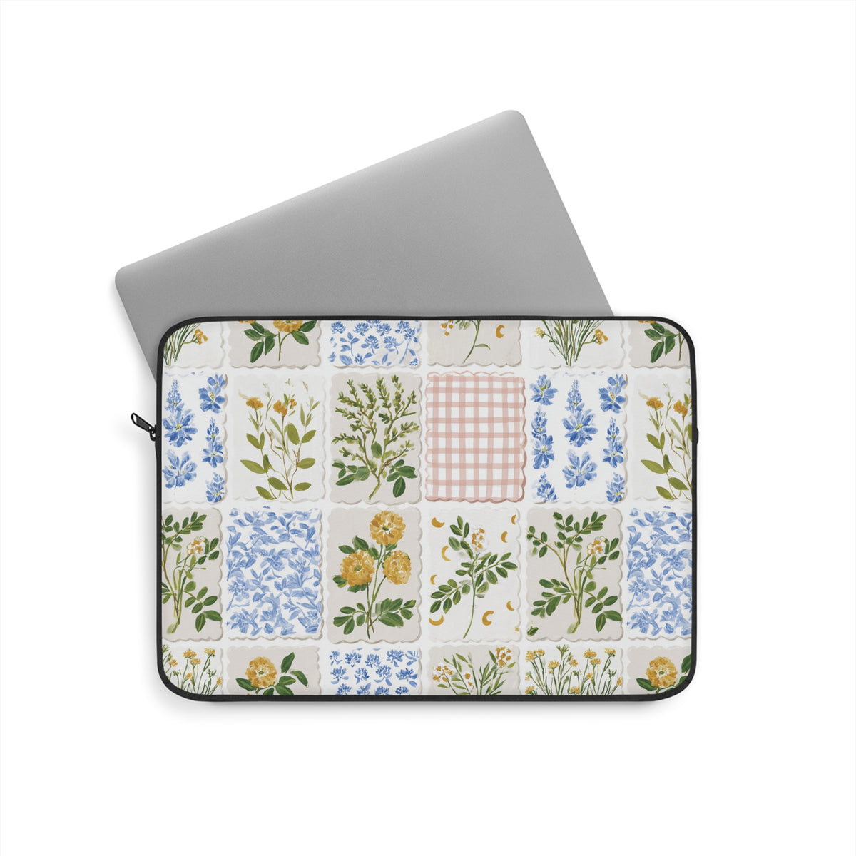 Blue and yellow patchwork print laptop sleeve