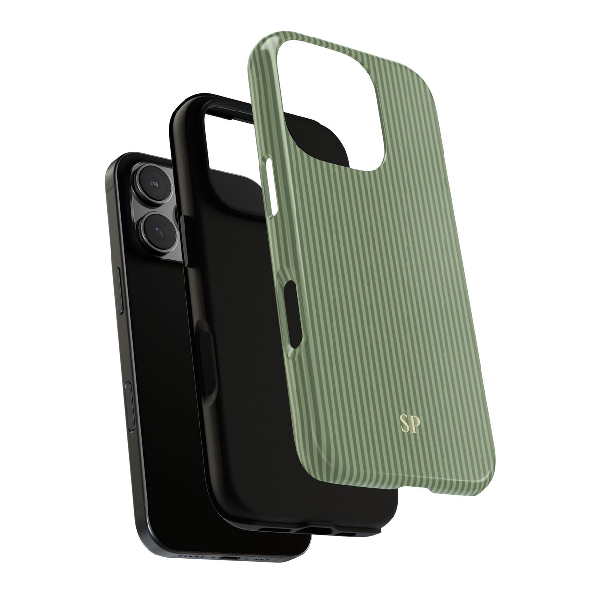 Monogrammed sage green striped tough phone case on a neutral background
