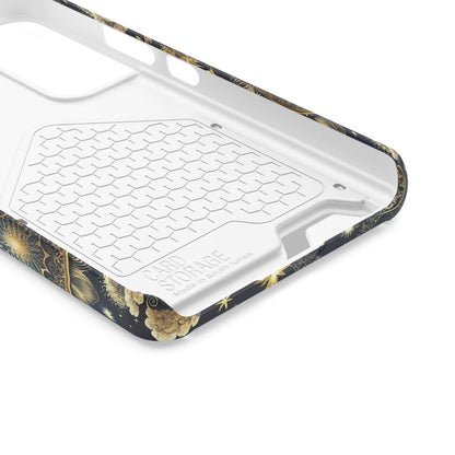 Navy celestial phone case with card holder, yellow suns and moons on midnight blue