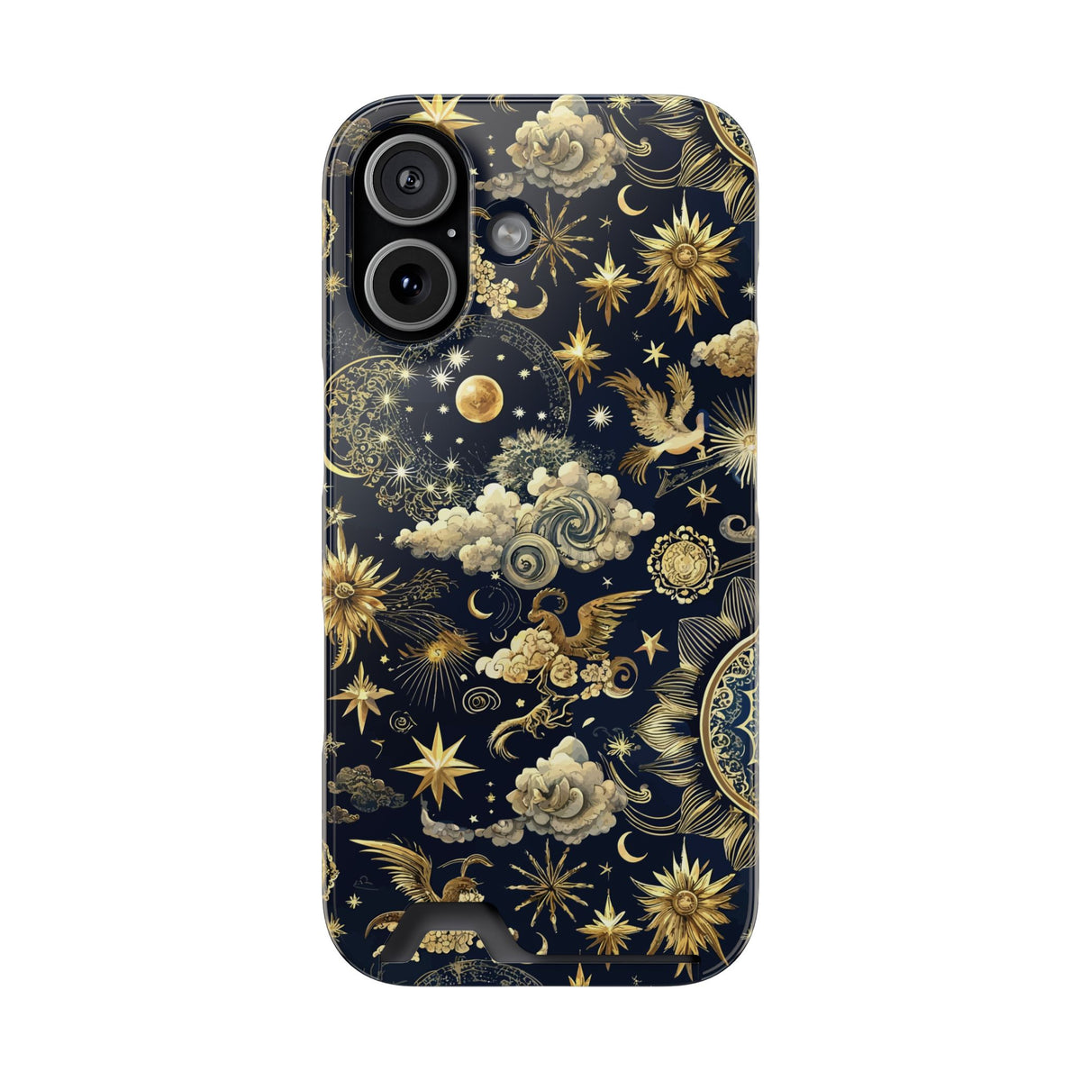 Navy celestial phone case with card holder, yellow suns and moons on midnight blue