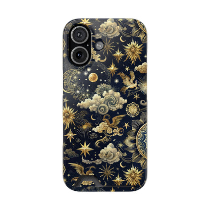Navy celestial phone case with card holder, yellow suns and moons on midnight blue