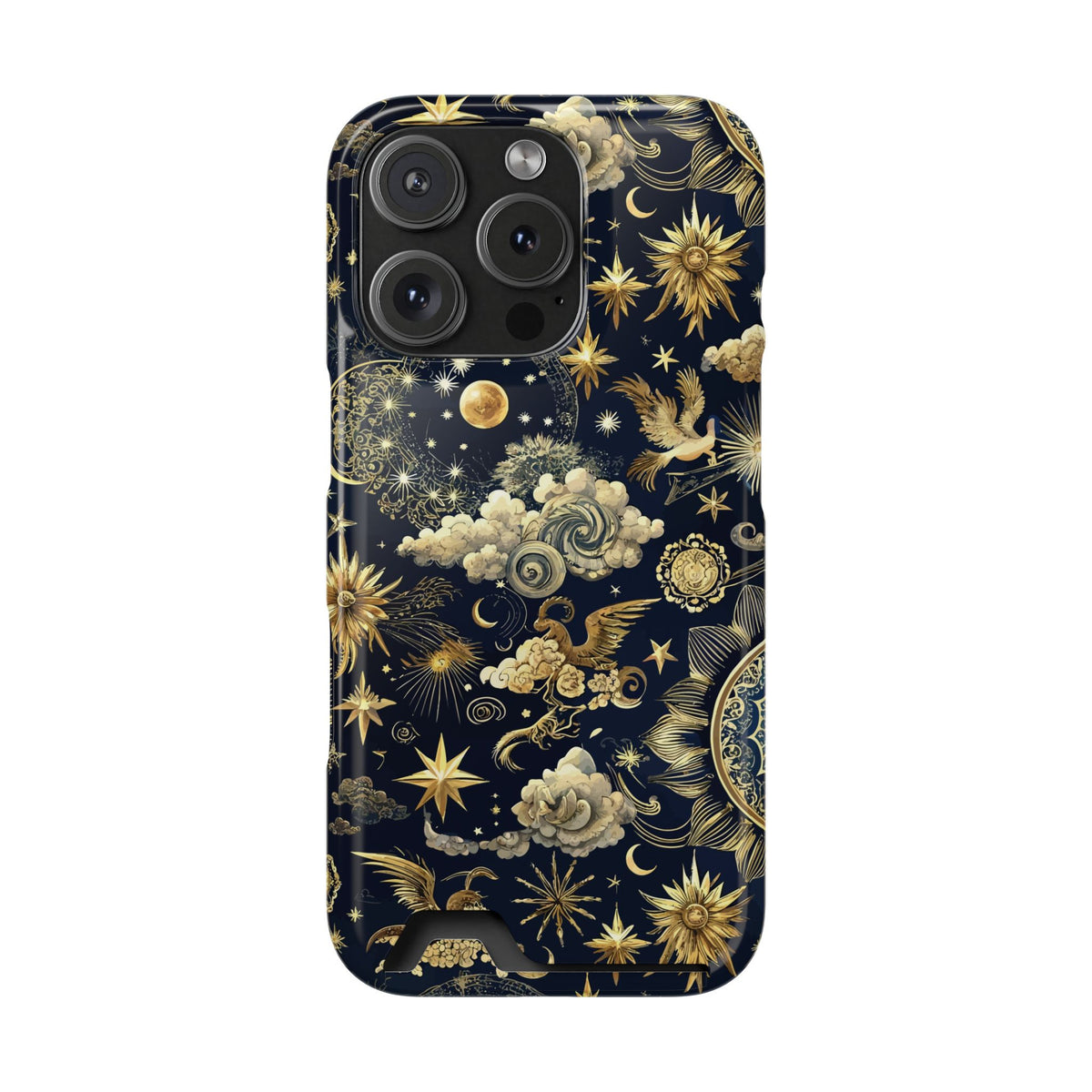 Navy celestial phone case with card holder, yellow suns and moons on midnight blue