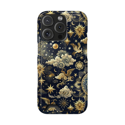 Navy celestial phone case with card holder, yellow suns and moons on midnight blue