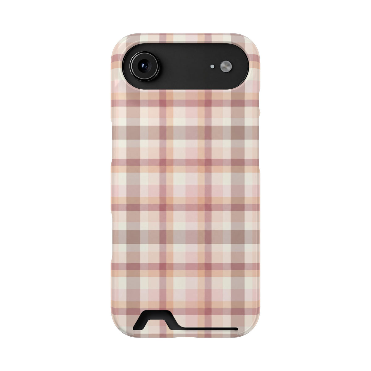 Blush plaid phone case with card holder, in hand