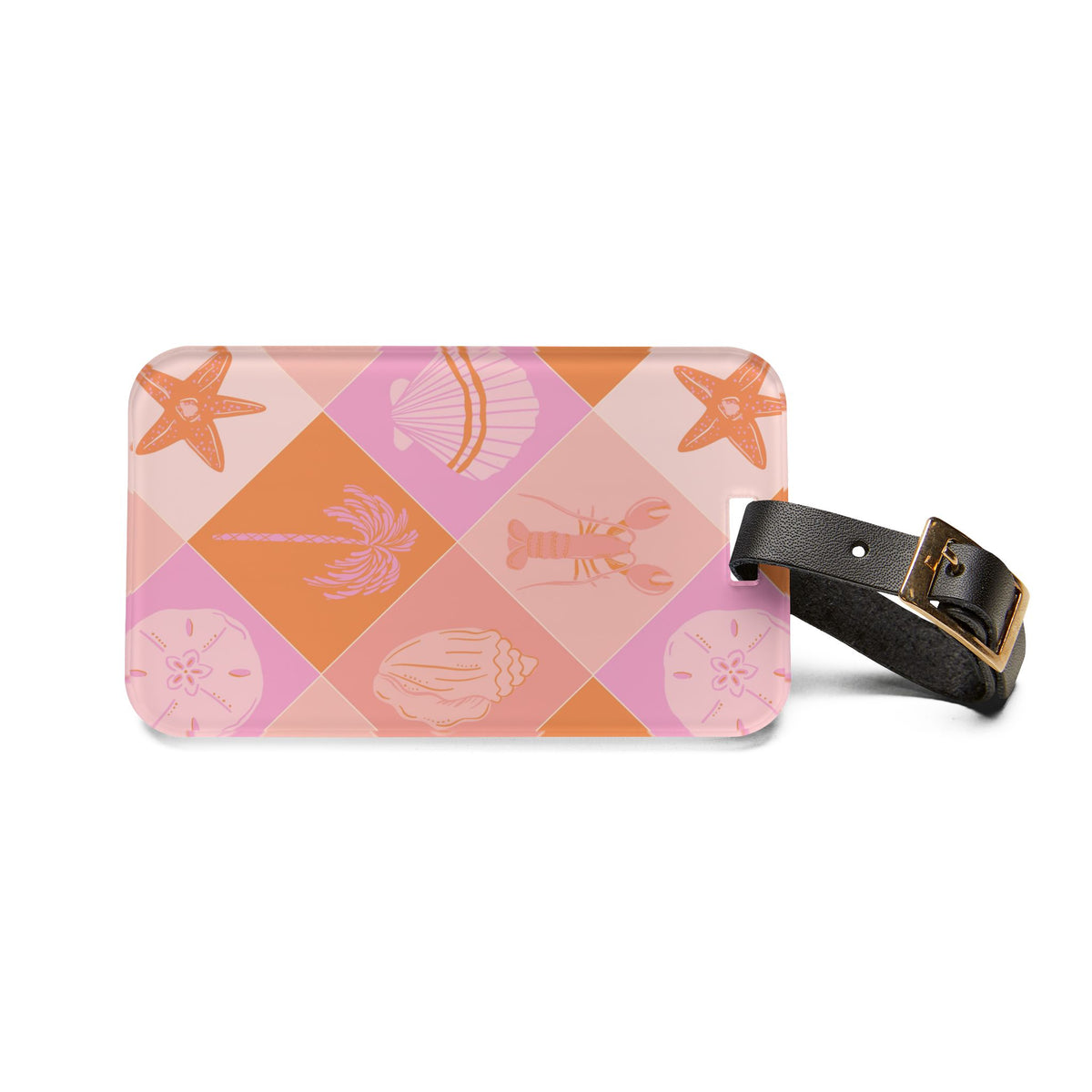 Pink checkerboard luggage tag with starfish and shell motifs