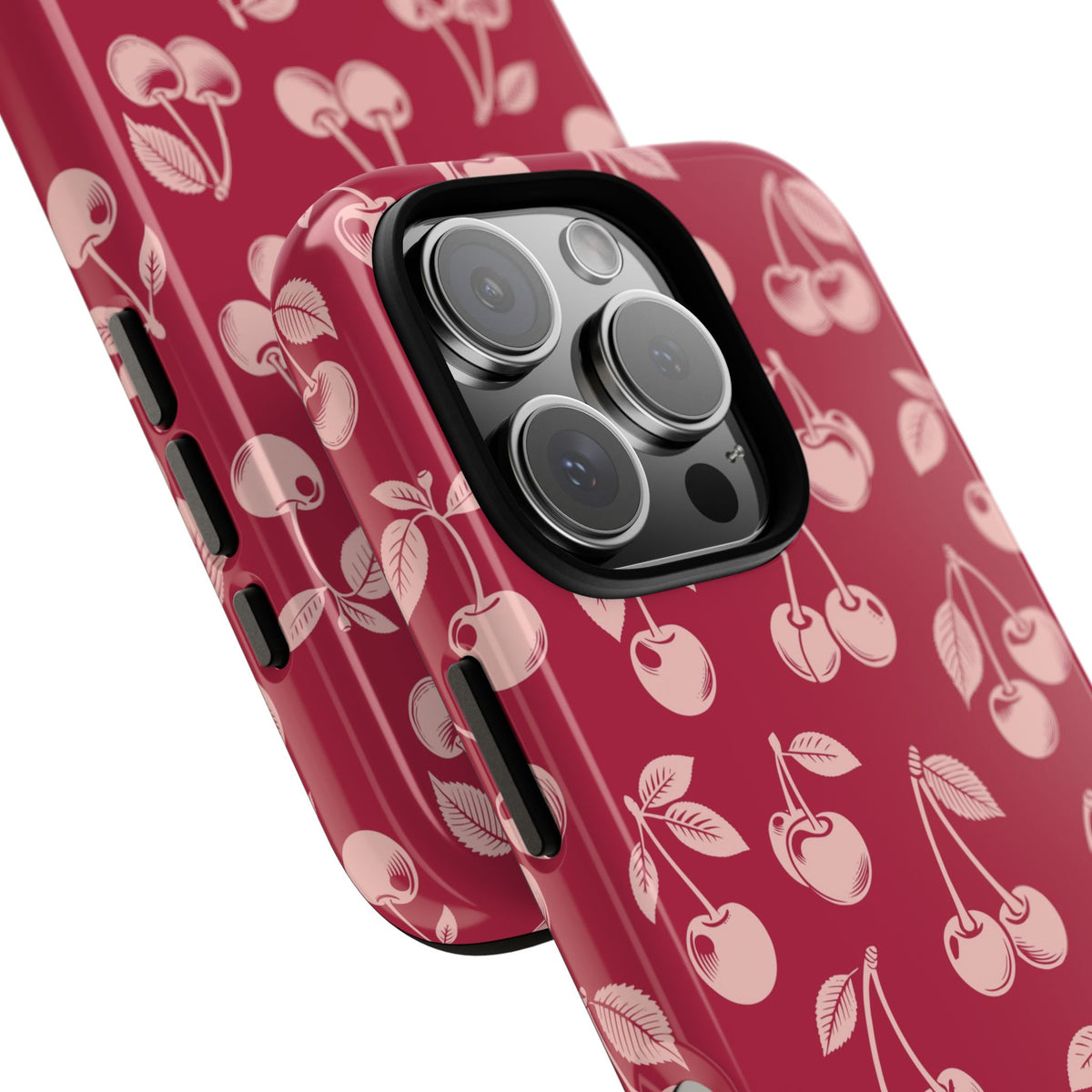 Cherry print tough phone case, detail view