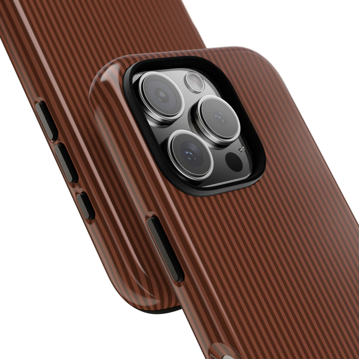 Walnut brown striped tough phone case held in hand