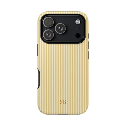 Personalized butter yellow striped tough phone case with gold monogram
