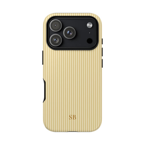 Personalized butter yellow striped tough phone case with gold monogram