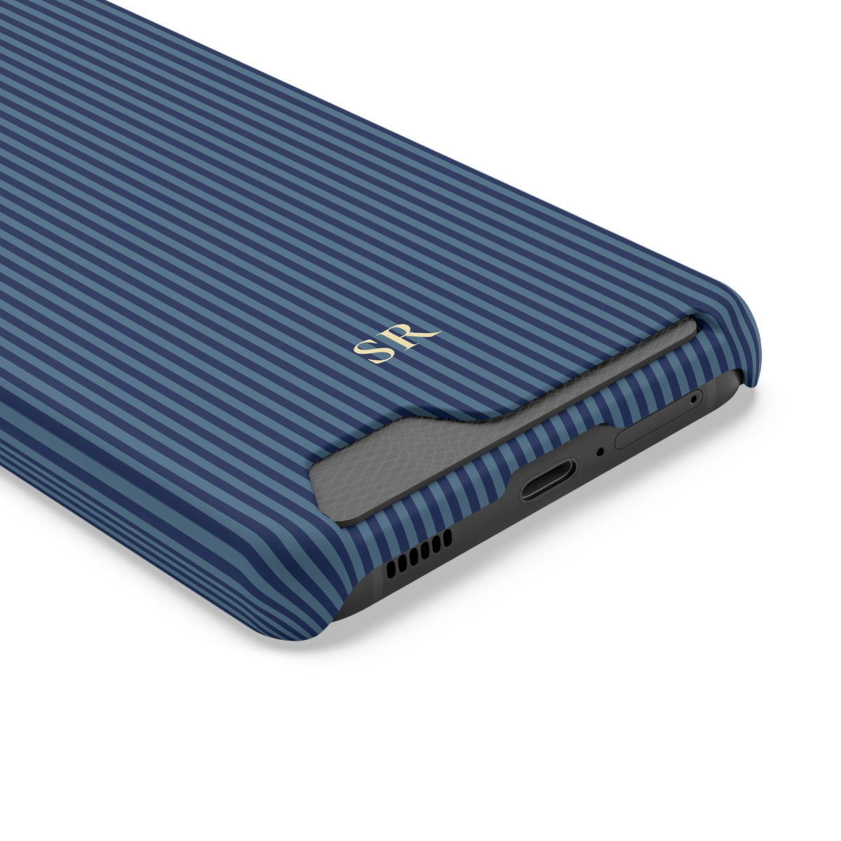 Personalized navy blue striped phone case with card holder and yellow initials