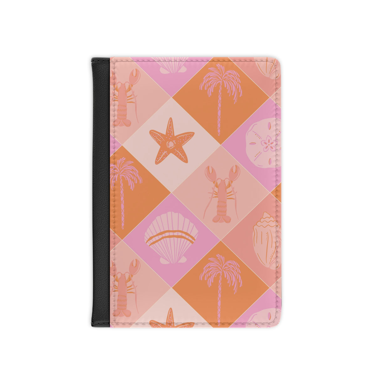 Pink coastal check passport cover with lobster and shell motifs