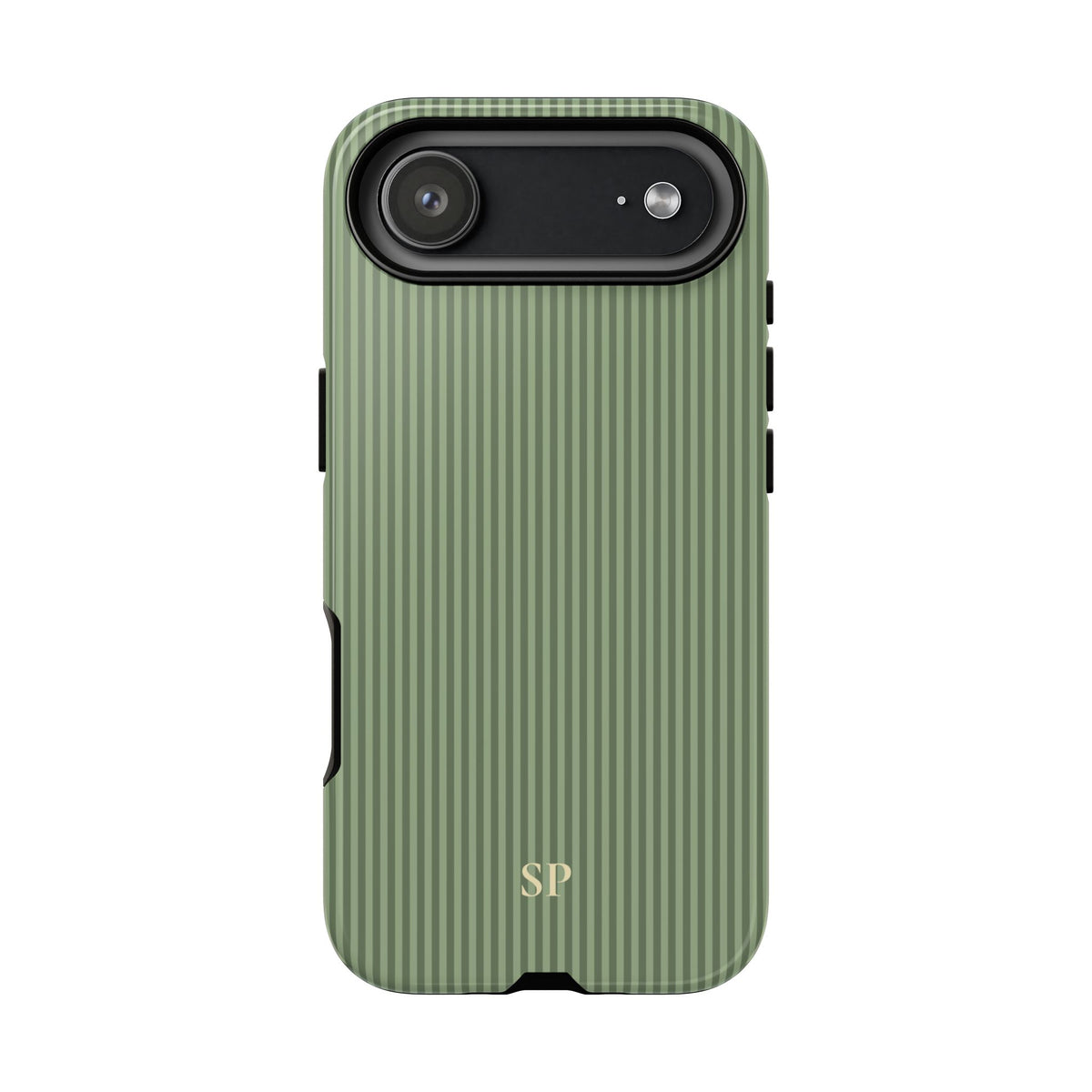 Sage green pinstripe tough phone case shown from the back