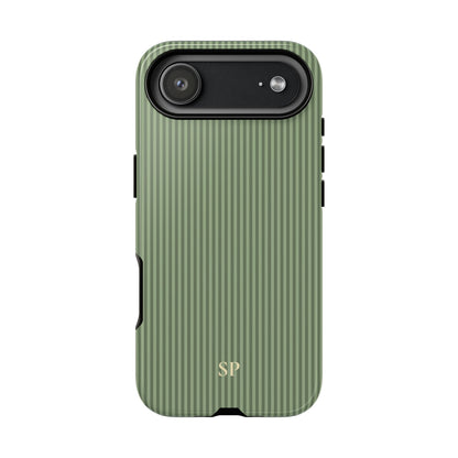 Sage green pinstripe tough phone case shown from the back