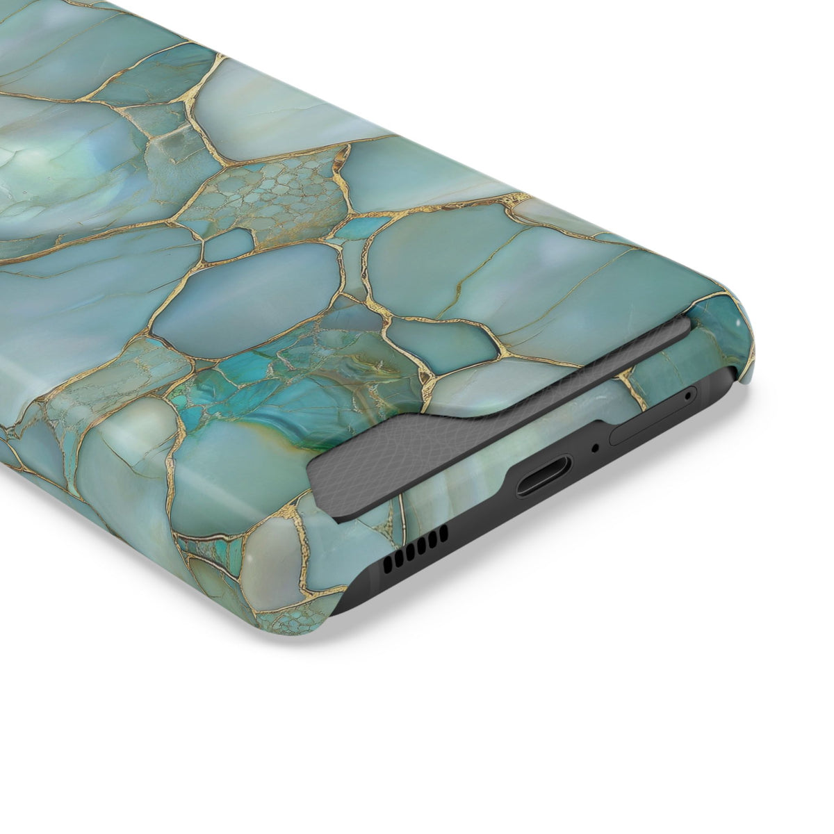 Teal marble phone case with card holder, ochre veining on aqua stone