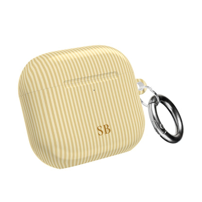 Personalized butter yellow striped AirPod case with gold monogram