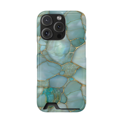 Teal marble phone case with card holder, ochre veining on aqua stone