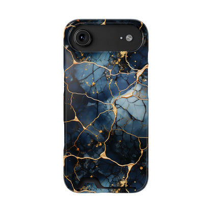 Navy marble print phone case with card holder, ochre-toned veins on deep blue