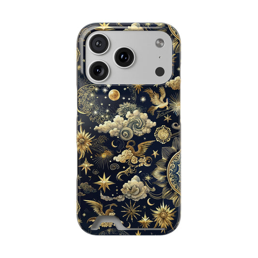 Navy celestial phone case with card holder, yellow suns and moons on midnight blue