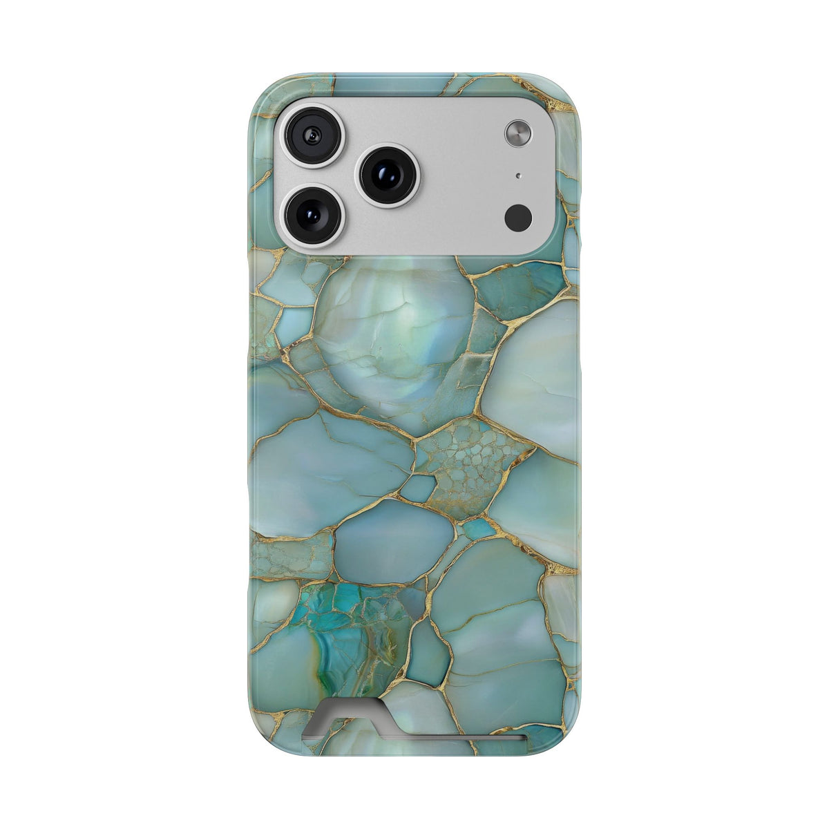 Teal marble phone case with card holder, ochre veining on aqua stone