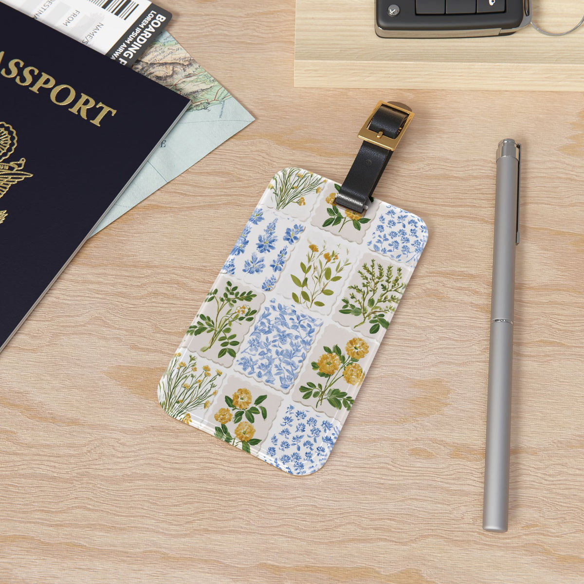 Patchwork floral luggage tag in blue, yellow and cream