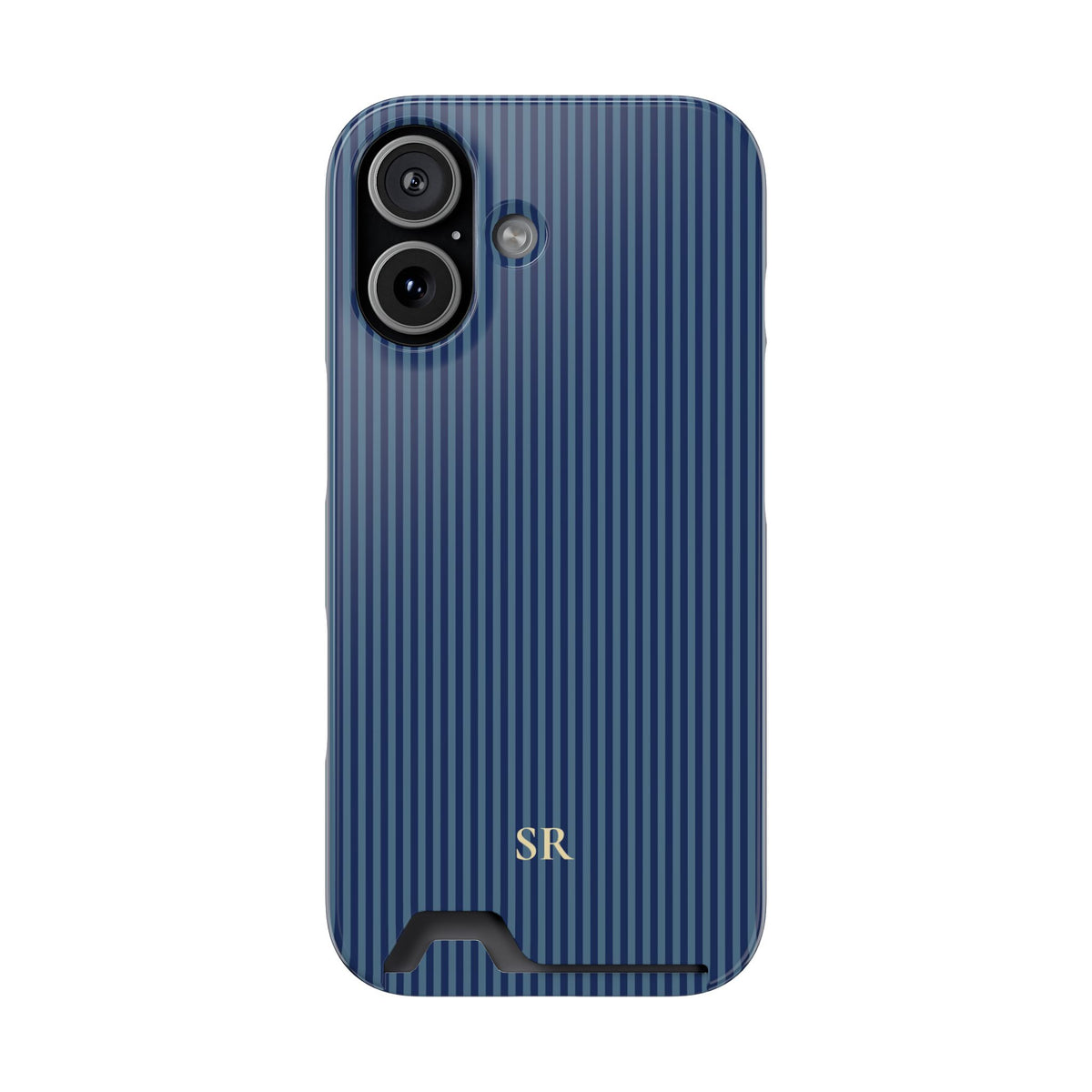 Personalized navy blue striped phone case with card holder and yellow initials
