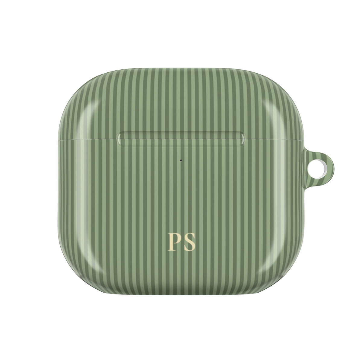 Sage green striped personalized AirPod case held in hand