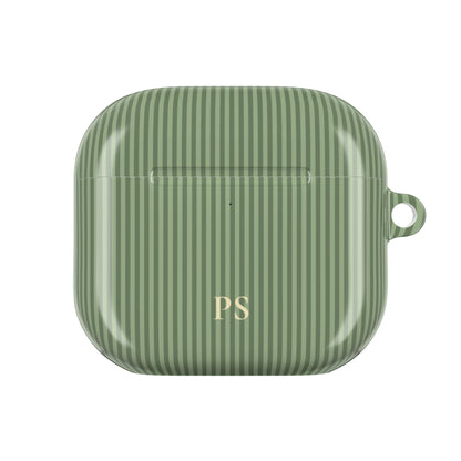 Sage green striped personalized AirPod case held in hand