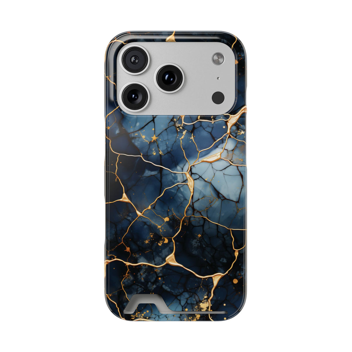 Navy marble print phone case with card holder, ochre-toned veins on deep blue