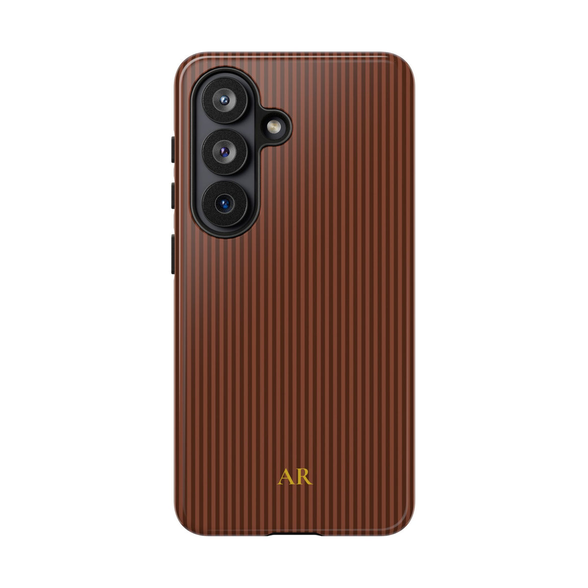 Warm walnut brown striped dual layer phone case with initials