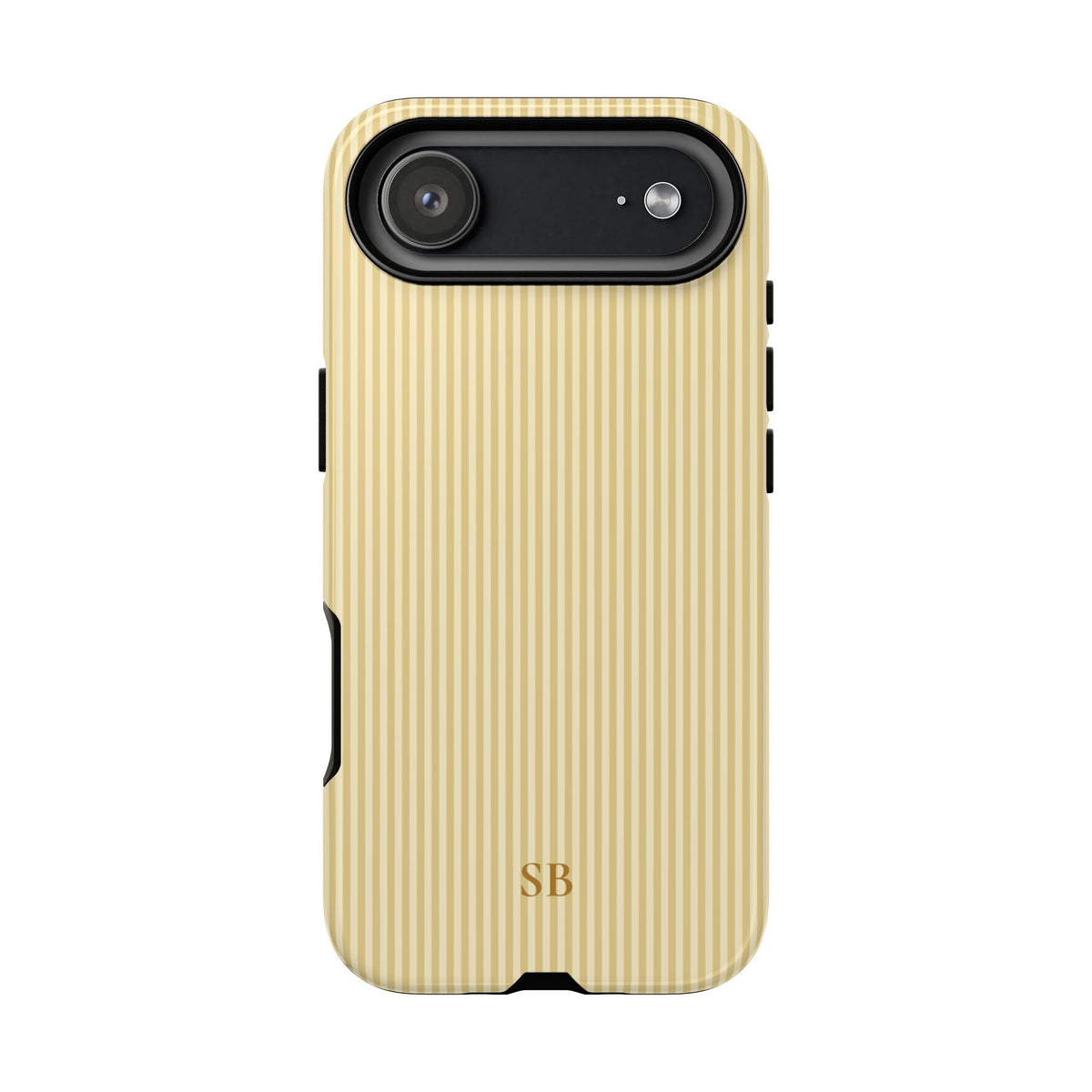 Butter yellow pinstripe tough phone case shown from the back