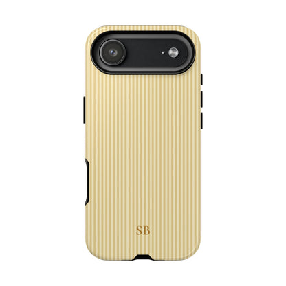 Butter yellow pinstripe tough phone case shown from the back