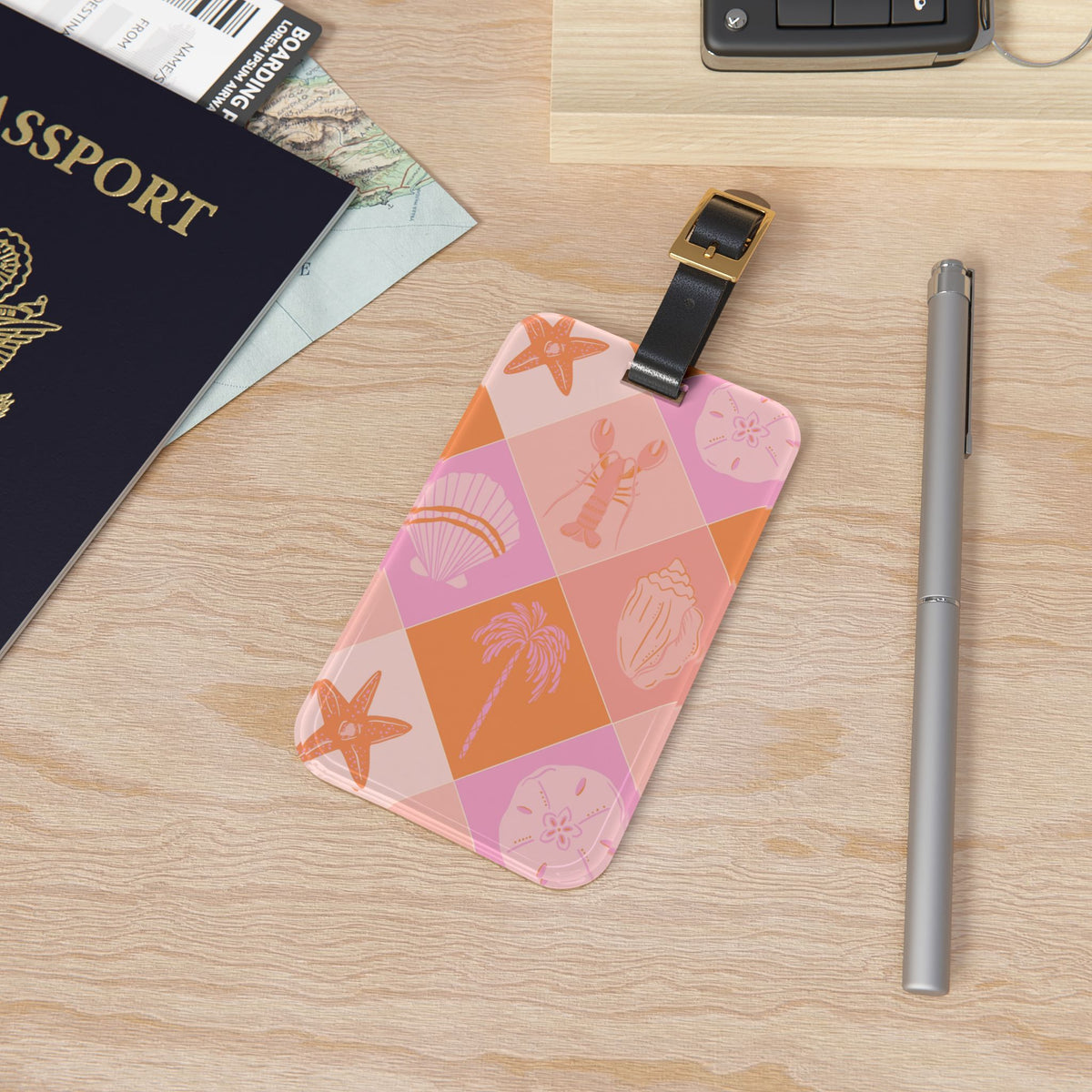 Coastal check luggage tag in pink and orange acrylic