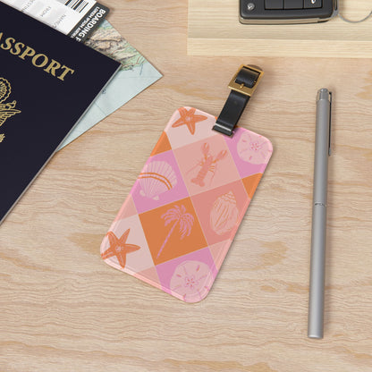 Coastal check luggage tag in pink and orange acrylic