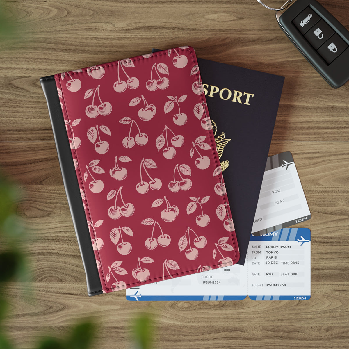 Cherry print passport cover with card slots