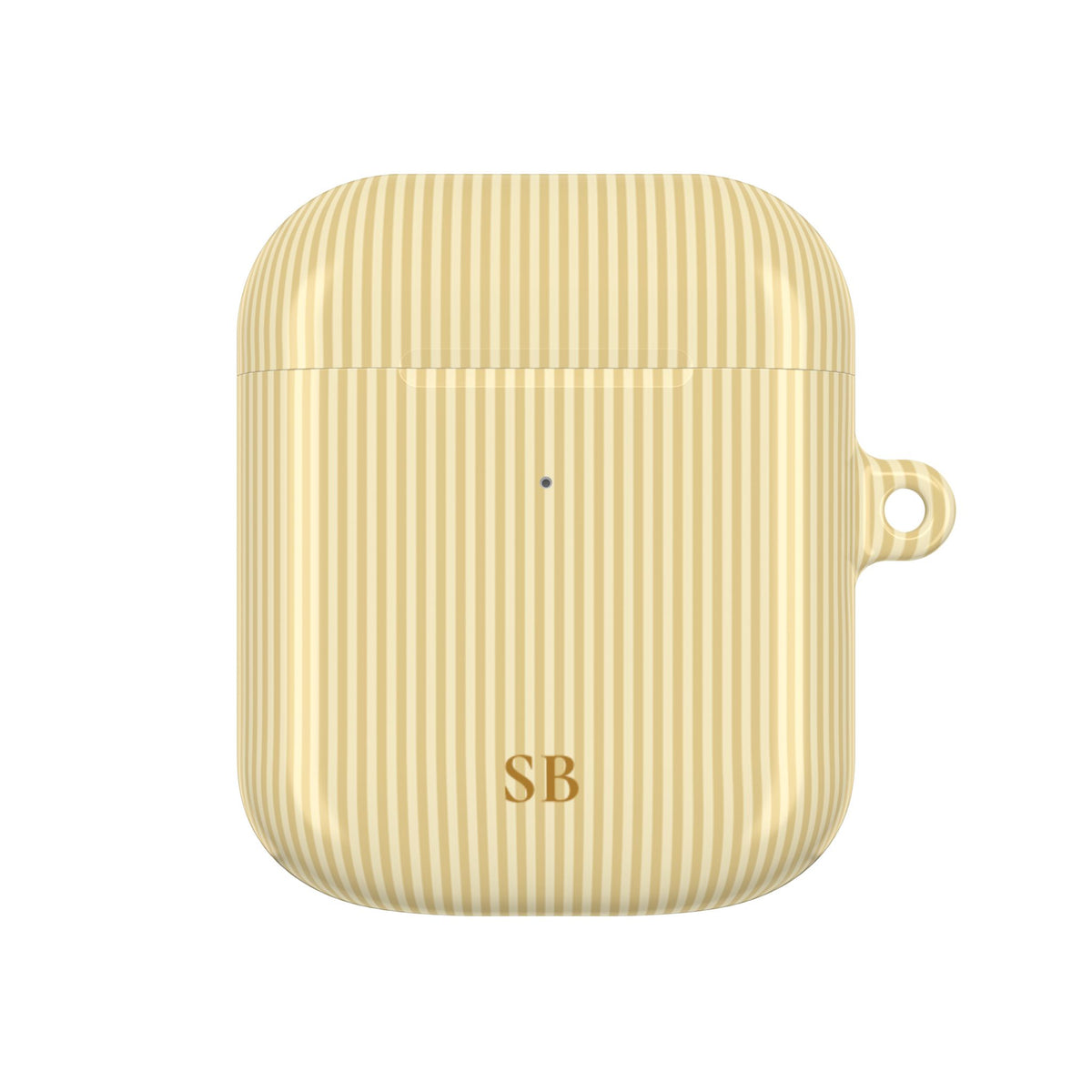 Butter yellow pinstripe AirPod case with carabiner clip