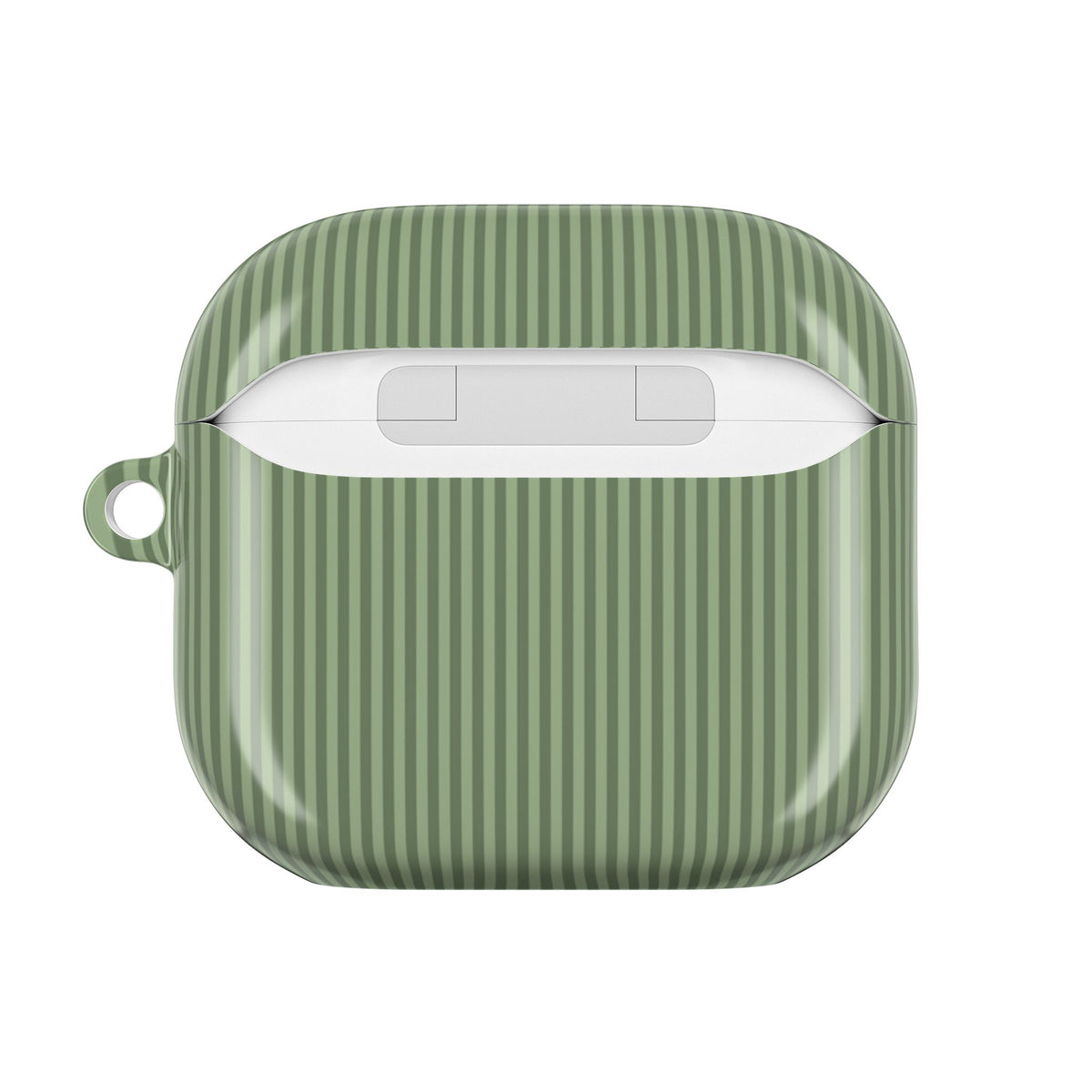 Sage green pinstripe print with gold monogram for personalized AirPod case