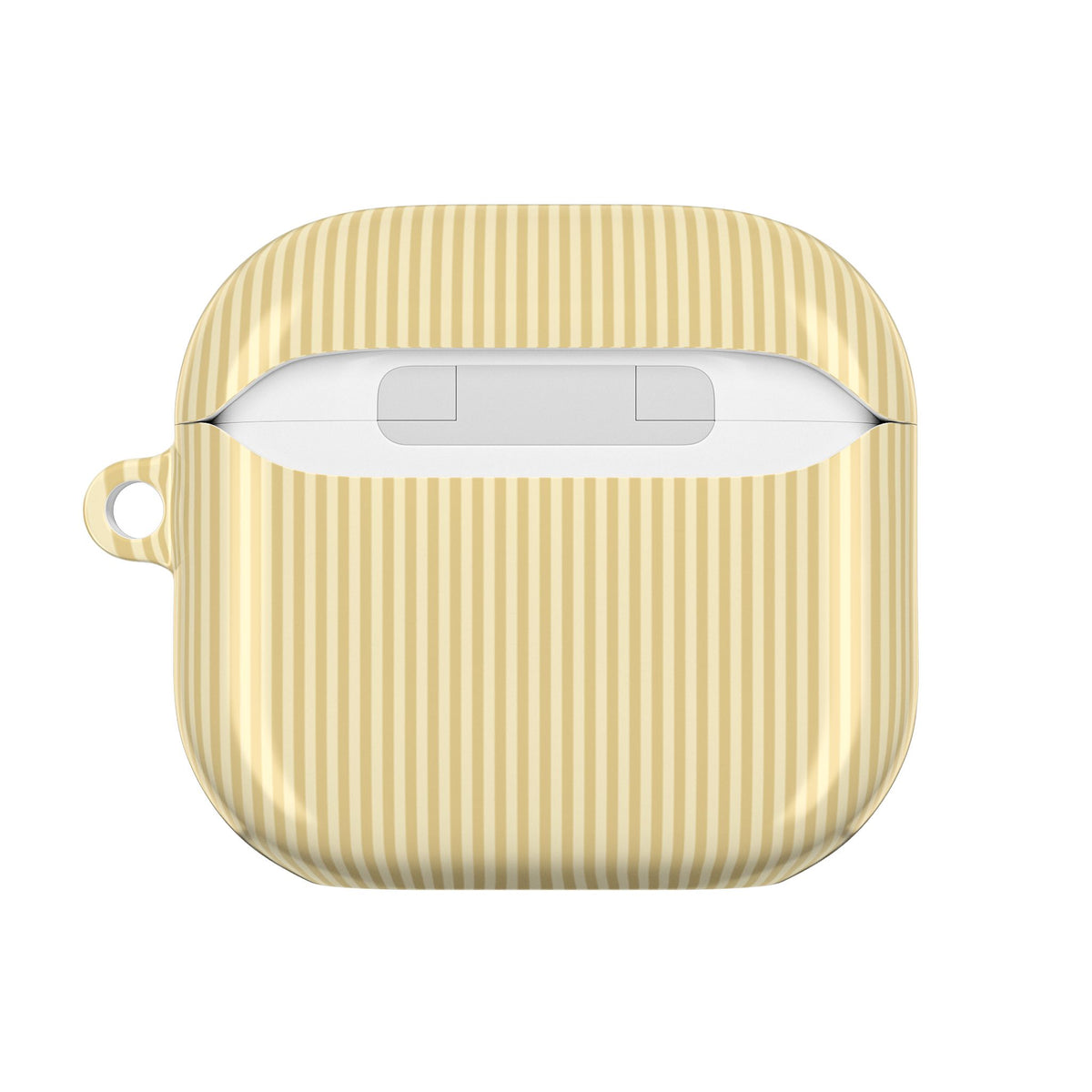 Monogrammed butter yellow striped AirPod case on a neutral background