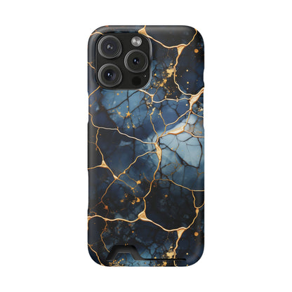 Navy marble print phone case with card holder, ochre-toned veins on deep blue