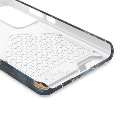 Navy marble print phone case with card holder, ochre-toned veins on deep blue