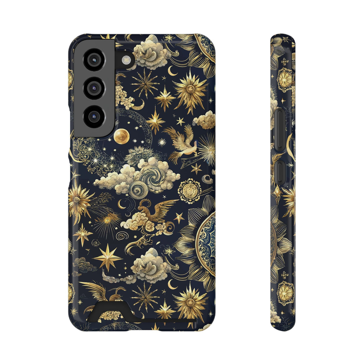Navy celestial phone case with card holder, yellow suns and moons on midnight blue