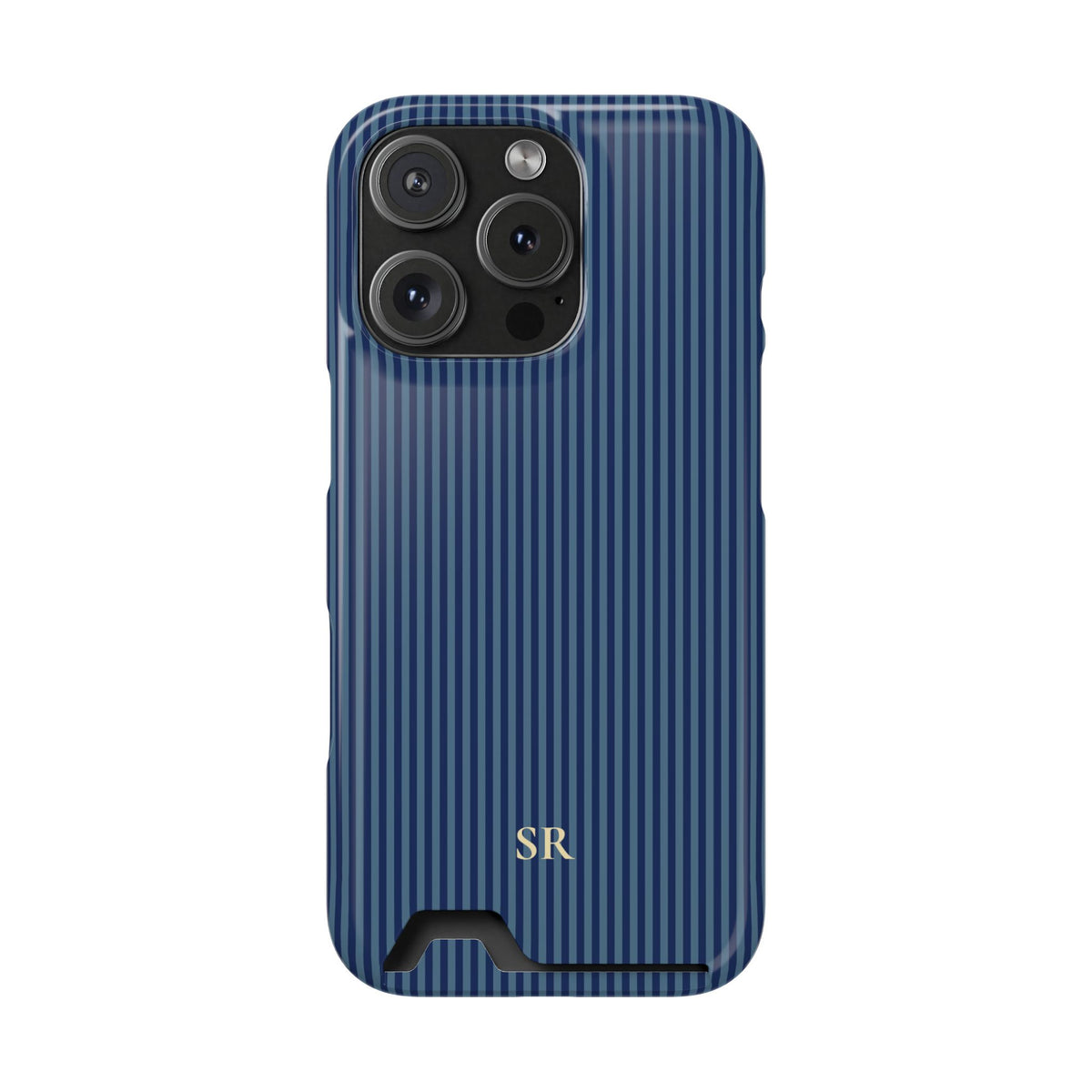 Personalized navy blue striped phone case with card holder and yellow initials