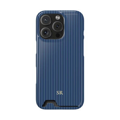 Personalized navy blue striped phone case with card holder and yellow initials