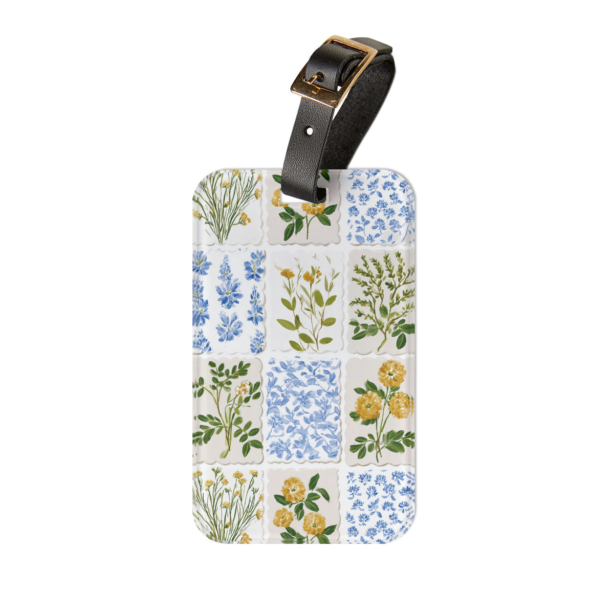Floral patchwork luggage tag with a black leather strap