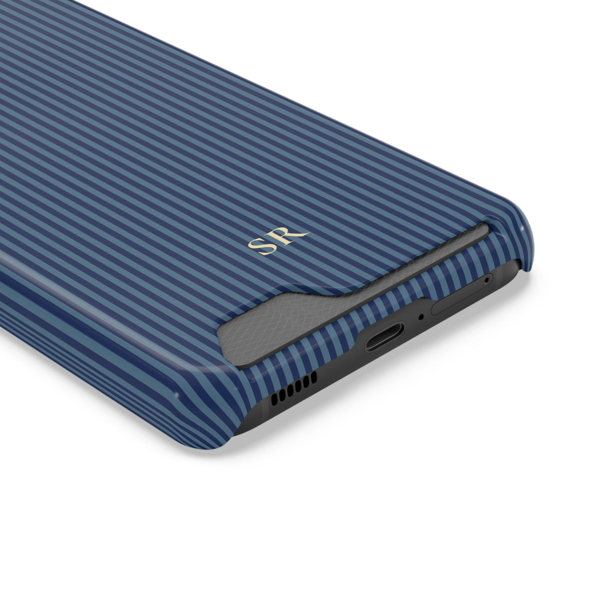 Personalized navy blue striped phone case with card holder and yellow initials