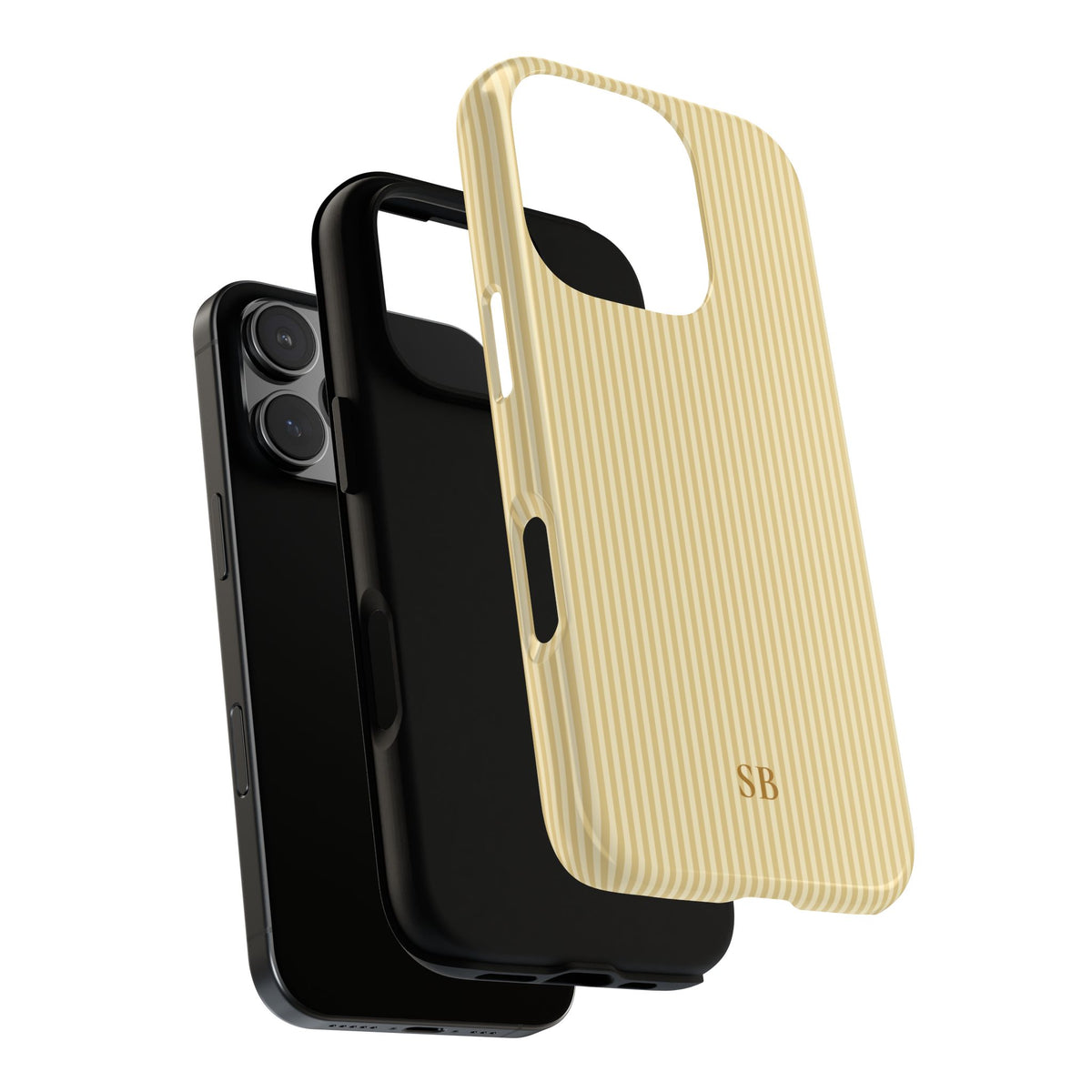 Personalized butter yellow pinstripe tough phone case with warm gold initials