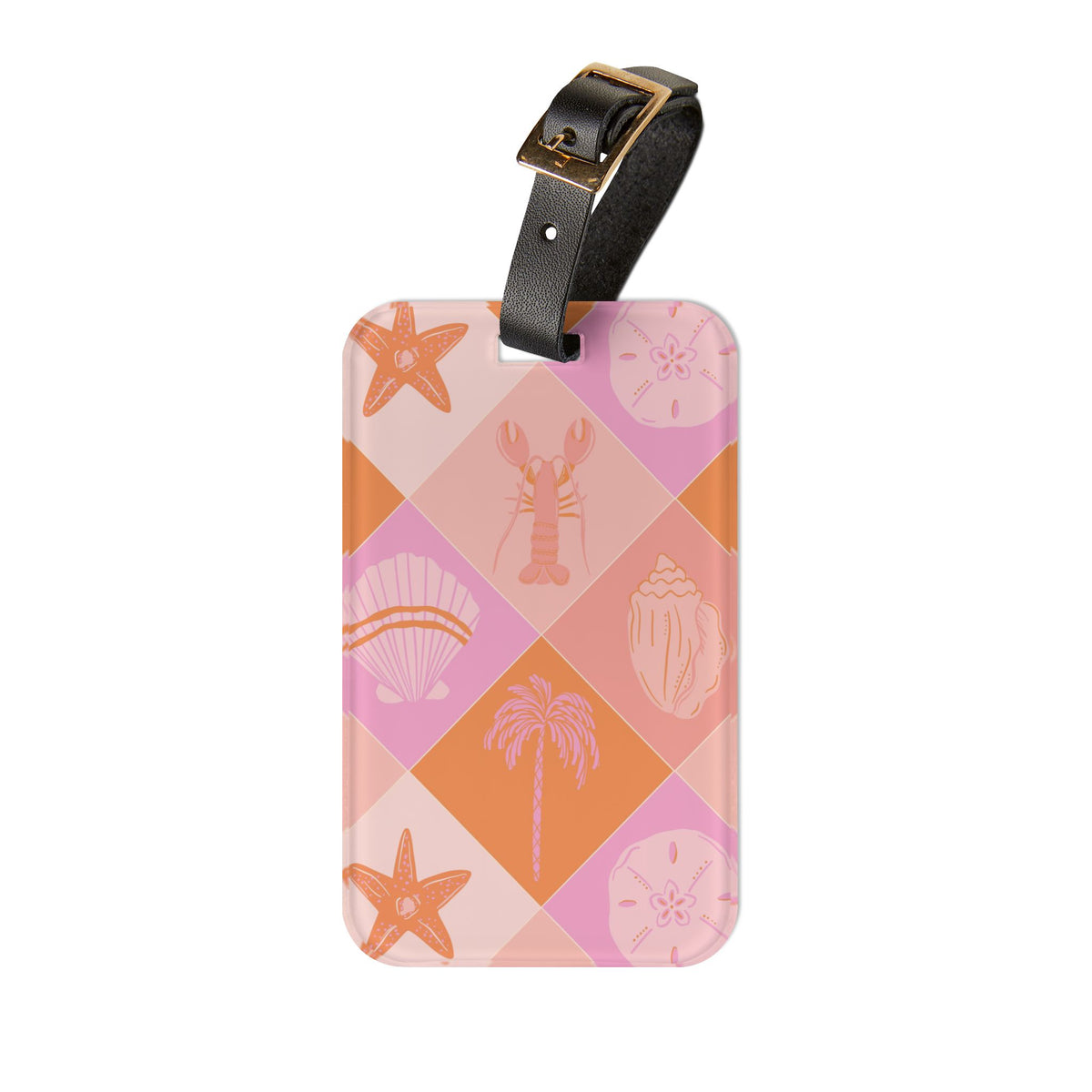 Pink coastal check luggage tag with black leather strap