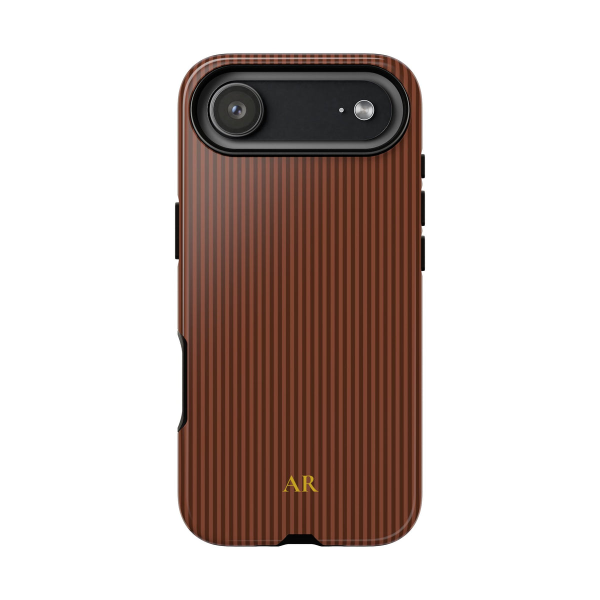 Walnut brown pinstripe tough phone case shown from the back