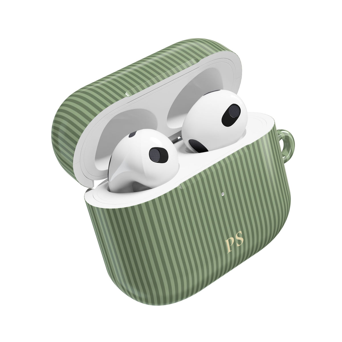 Soft sage striped AirPod case shown from the front